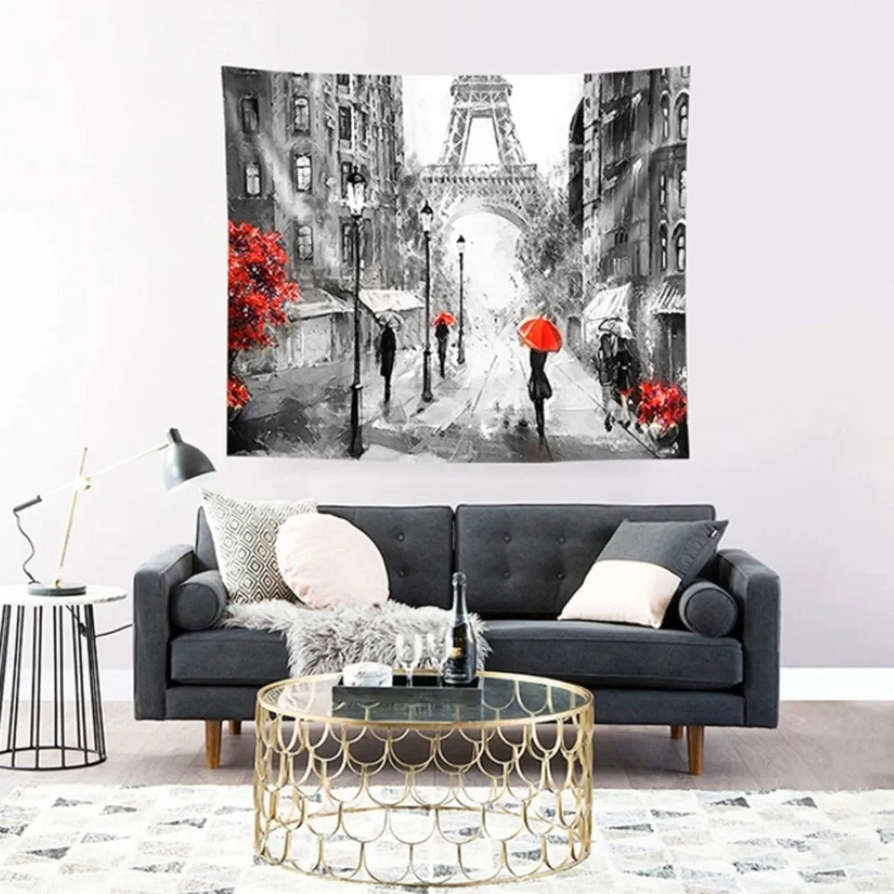 Luxury Home | Elegant Black & White with Red Detail Paris Eiffel Tower Tapestry